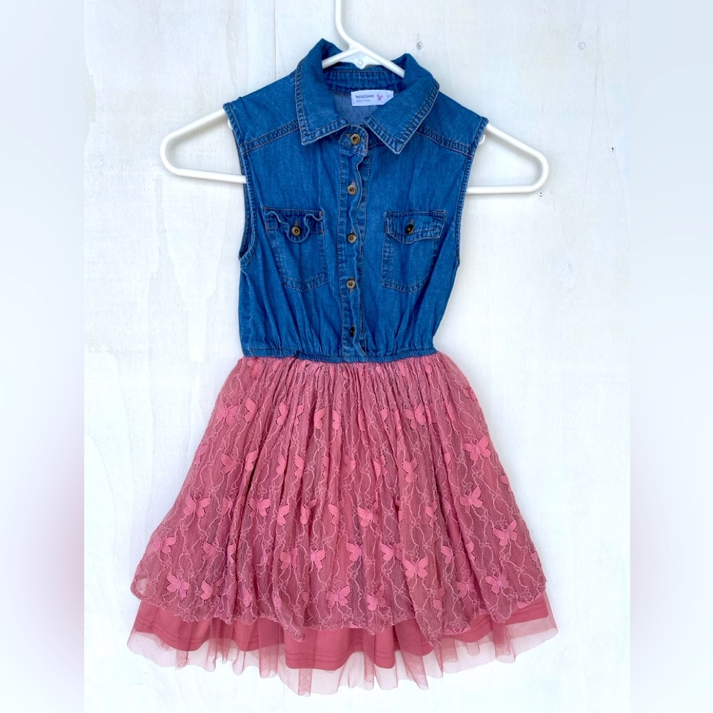 Beautees Denim and Pink Lace Butterfly Girl’s Dress SZ 8.